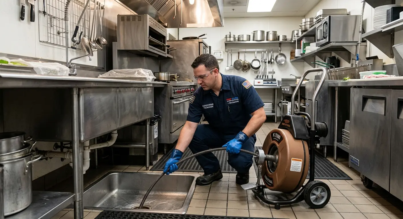 Commercial drain cleaning service in a restaurant kitchen in South Whittier