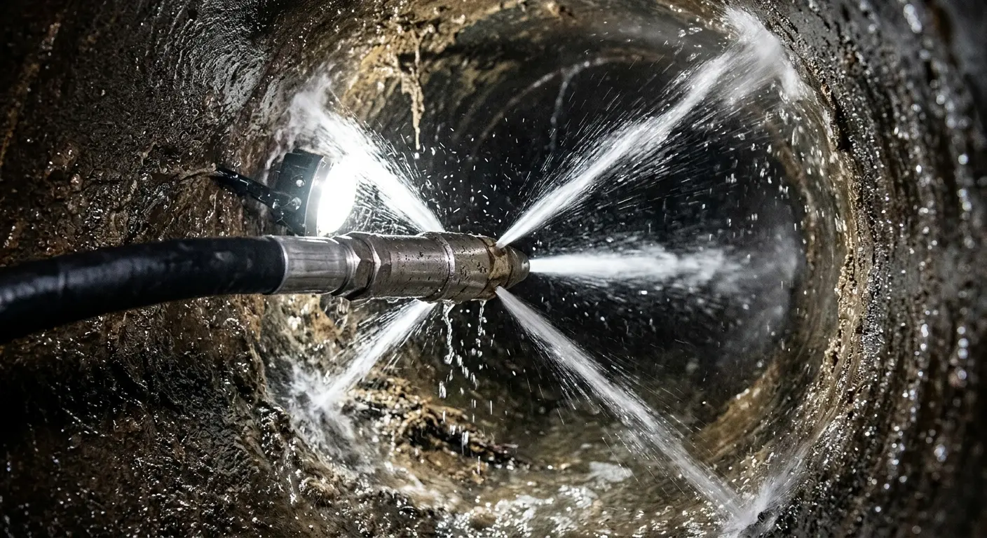 High-pressure hydro jetting nozzle cleaning sewer pipe for Emergency Drain Service in South Whittier