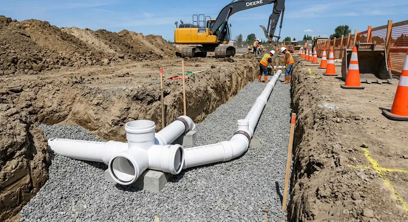 New PVC sewer pipe installation in open trench for Commercial Drain Cleaning in South Whittier