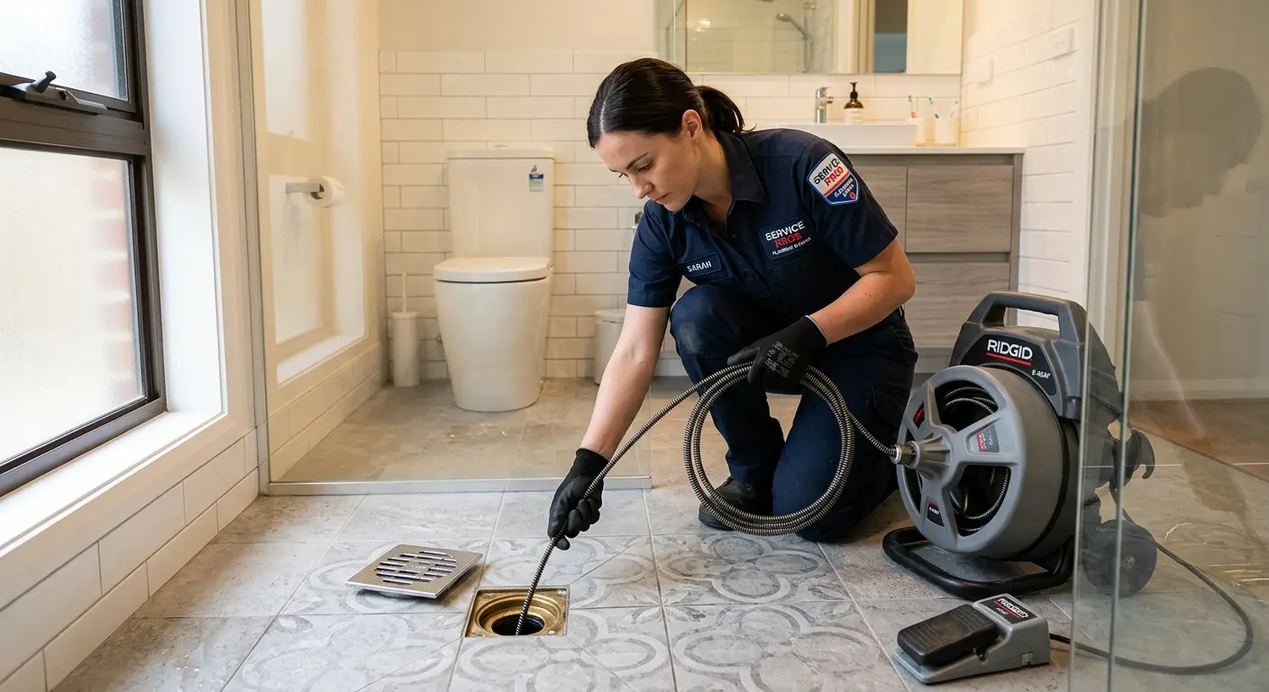 Technician clearing a bathroom floor drain for Drain Cleaning in South Whittier